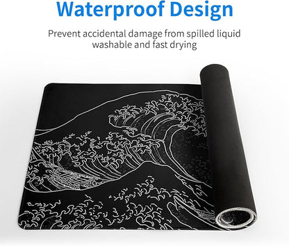 Japanese Gaming Mouse Pad Abstract Black Mouse Pad 31.5x11.8 Inch Black Sea Wave Texture Non-Slip Rubber Base Large Ocean Mousepad Stitched Edges Keyboard Mouse Mat Desk Pad for Office and Home