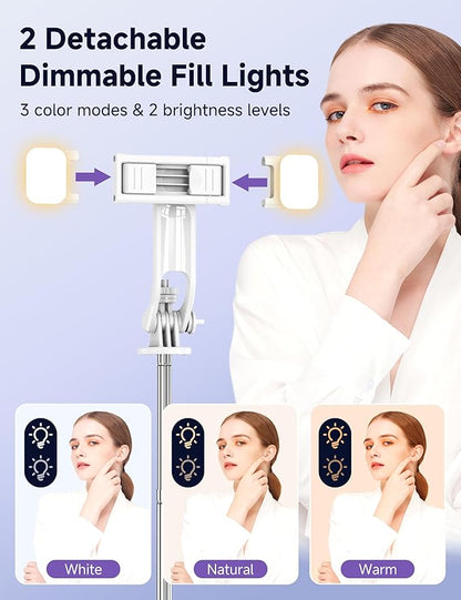 Selfie Stick Tripod with 2 Light, 3 Light Modes & 6 Brightness Levels Extendable Phone Tripod with Detachable Remote & Phone Holder, Portable Camera Tripod Compatible with iphone16 15 14 13/Android