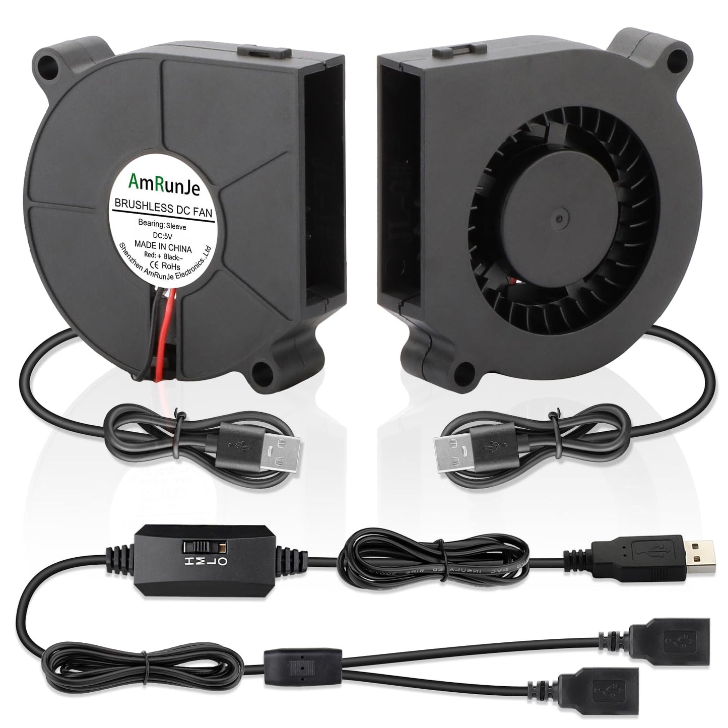 AmRunJe 60mm Small USB Blower Fan 5V with 3 Degree Speed for Helmet 2pcs