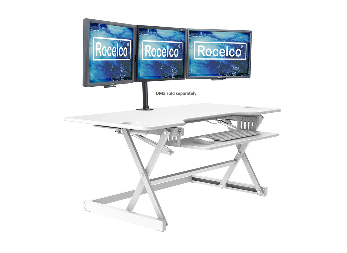 Rocelco 32" Height Adjustable Standing Desk Converter - Sit Stand Computer Workstation Riser - Dual Monitor Retractable Keyboard Tray Gas Spring Assist - Black (R EADRB2)