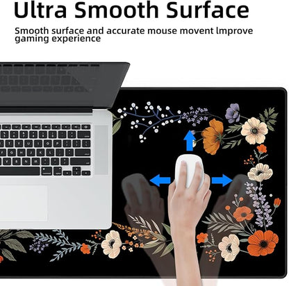 Galdas Gaming Mouse Pad XXL XL Large Long Extended Big Mousepad Non-Slip Rubber Keyboard Desk Pad with Stitched Edges for Laptop Home Office (31.5x11.8x0.08 Inch)-Floral Flower