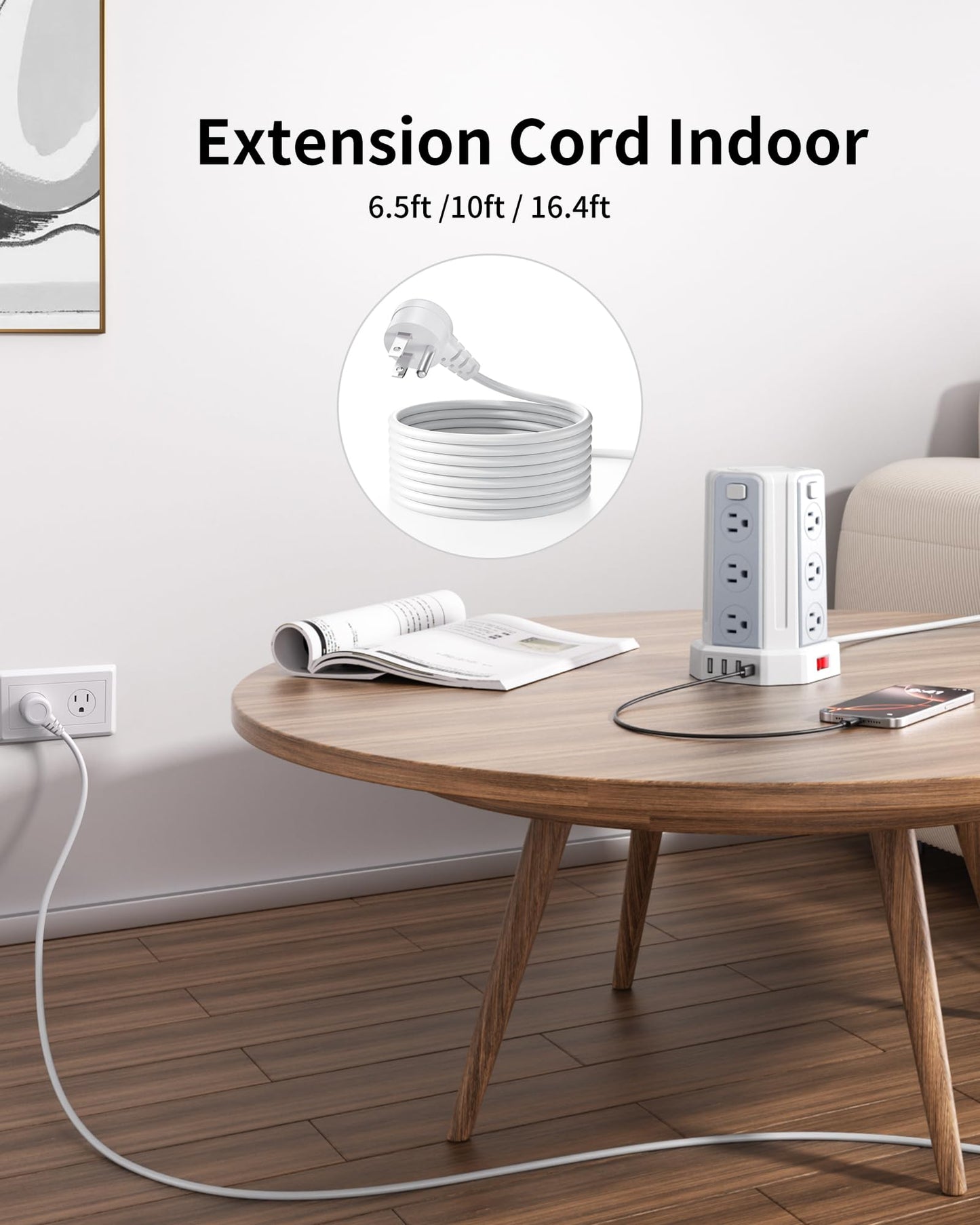 Power Strip Surge Protector, 6.5 Ft Extension Cord with 12 AC Multiple Outlets 4 USB (1 USB C), SMALLRT Power Tower Desktop Charging Station