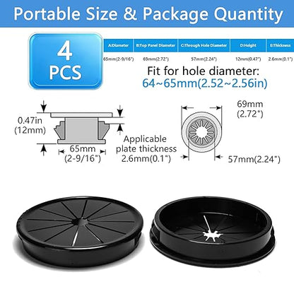 4 Pcs Cable Grommet, Snap Bushing 2-9/16" (65 mm) Mounting Diameter, Flexible Petal-Shaped Buckle Round Nylon Desk Grommet for Wires Through Countertop Cord Organizer and Protection, Black