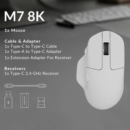 Keychron M7 8K Wireless Mouse, 30K DPI Optical Computer Mice, 2.4 GHz/Bluetooth/Wired with Macro Button 66g Lightweight Ergonomic, Up to 140 Hours Worktime for Laptop macOS/Windows - White