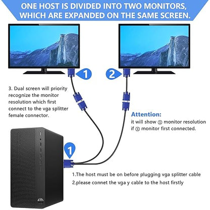 PASOW VGA Splitter Cable 1080P Dual VGA Monitor Y Cable 1 Male to 2 Female Adapter Cable Only for Screen Duplication - 1.5 Feet (No Screen Extension) - Only Work for Identical Monitor