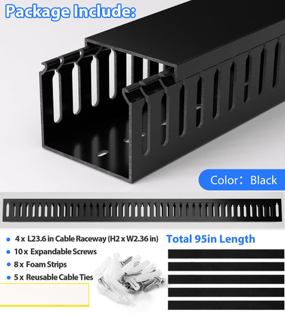 ZhiYo 2"H x 2.4"W Cable Management Raceway, 95in Under Desk Channel, Black