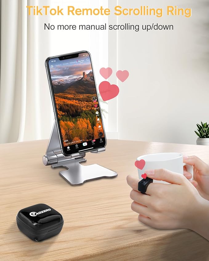 ADZERD Remote Control for TikTok, Page Turner for iPad iPhone, Bluetooth Camera Video Recording Remote, Scrolling Ring for TIK Tok, iPhone, iPad, iOS, Android - Black