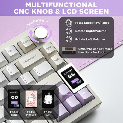 YUNZII AL80 Wireless Mechanical Keyboard,Full Aluminum CNC, Smart LCD Display,Hot Swappable Gasket Mount 75% Layout with Knob,BT/2.4G/USB-C,QMK/VIA Support for Win/Mac (Beige, Cocoa Cream V2 Switch)
