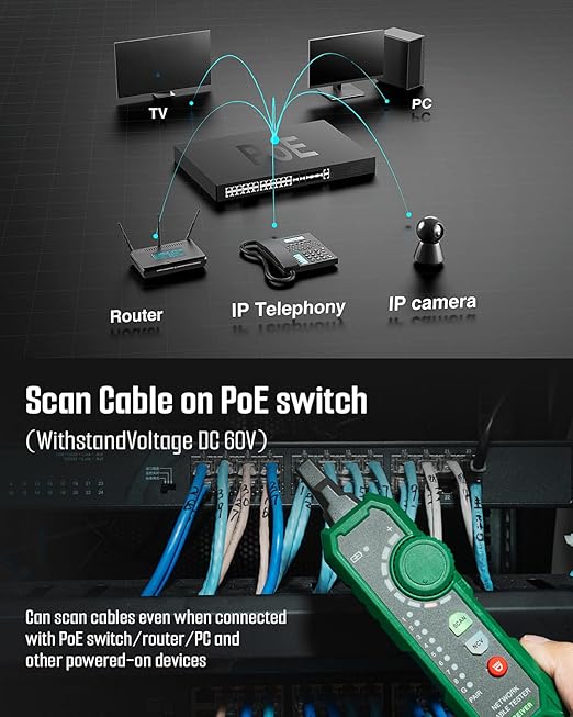 TESMEN TLP-900AR Network Cable Tester, RJ11 RJ45, for CAT5/6/POE/STP, Multi-function Cable Tracer with Pairing, Continuity, QC&NCV, Suitable for Ethernet, Telephone, Wire maintenance and sorting-Green