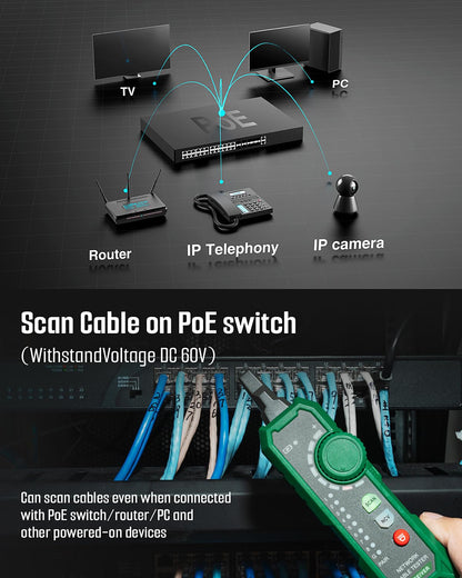 TESMEN TLP-900AR Network Cable Tester, RJ11 RJ45, for CAT5/6/POE/STP, Multi-function Cable Tracer with Pairing, Continuity, QC&NCV, Suitable for Ethernet, Telephone, Wire maintenance and sorting-Green