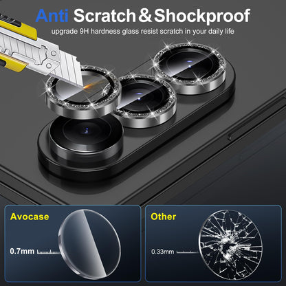 Avocase for Samsung Galaxy Z Fold 7 Camera Lens Protector, Individual Metal Ring Tempered Glass Lens Cover, [Strong Adsorption] Scratch Resistant Ultra-Thin HD Clear Lens Cover, 1 Set-Black Sparkly
