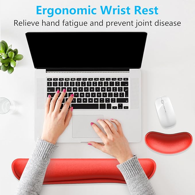 Dapesuom Enlarge Keyboard Wrist Rest, Memory Foam Wrist Cushion for Desk Mats Support, Cute Typing Pain Relief Keyboard Mouse Pad Rests Set with Non-Slip Base for Gaming Laptop Office Computer, Red