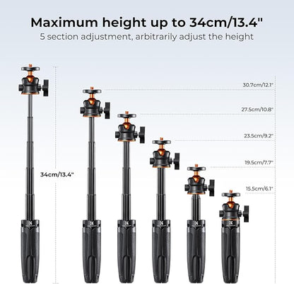 K&F Concept Selfie Stick Tripod, 360 Degree Rotation Mini Phone Stand with Ball Head and Cold Shoe Mount, Cellphone Holder with Wireless Remote for Smartphone Black