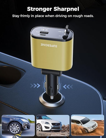 【Upgraded】 SUPERONE Retractable Car Charger 4 in 1, Fast Car Phone Charger with Cord 2.6ft, USB C and Apple Car Charger Adapter, Compatible with iPhone 15/15 Pro Max/14/13/12/11, Galaxy, Pixel