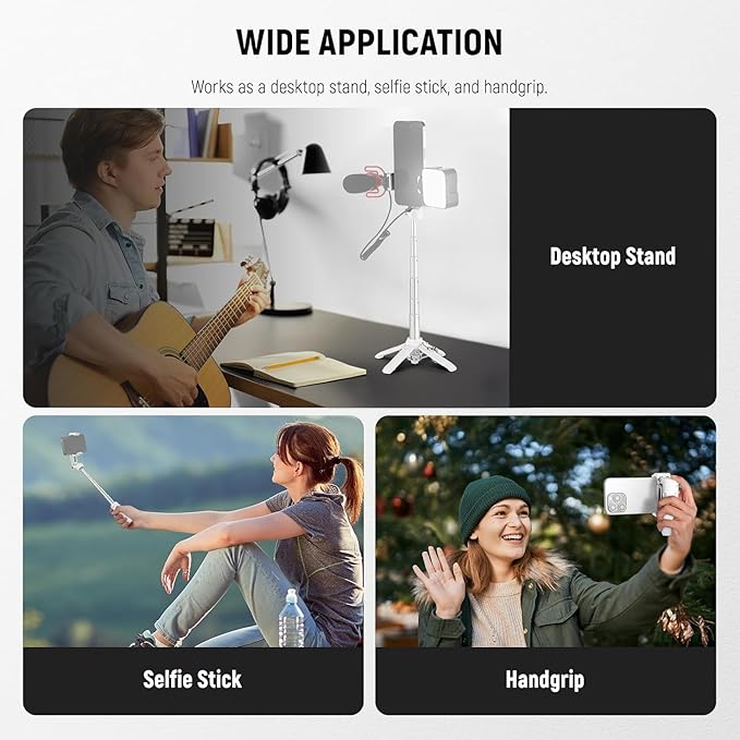 NEEWER Selfie Stick with Detachable Bluetooth Remote Shutter, Lightweight Foldable Travel Tripod for iPhone for YouTube/TikTok Vlogs Live Streaming Photography, White, P15