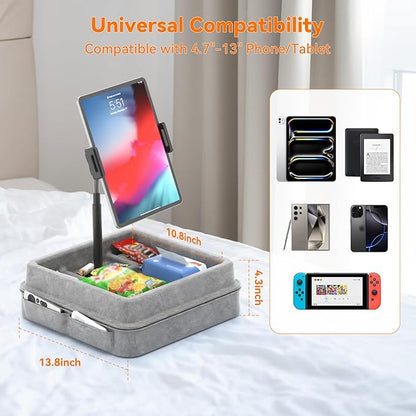 KDD Tablet Pillow Holder - 360°Adjustable iPad Pillow Stand for Lap, Bed and Desk - Gooseneck Tablet Soft Pad Dock with Storage Tray and Pocket Compatible with iPad Pro 12.9, Air Mini, Phone, E-Reader