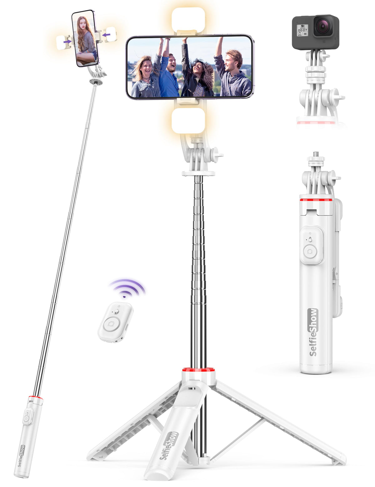 Selfie Stick Tripod with 2 Light, 3 Light Modes & 6 Brightness Levels Extendable Phone Tripod with Detachable Remote & Phone Holder, Portable Camera Tripod Compatible with iphone16 15 14 13/Android