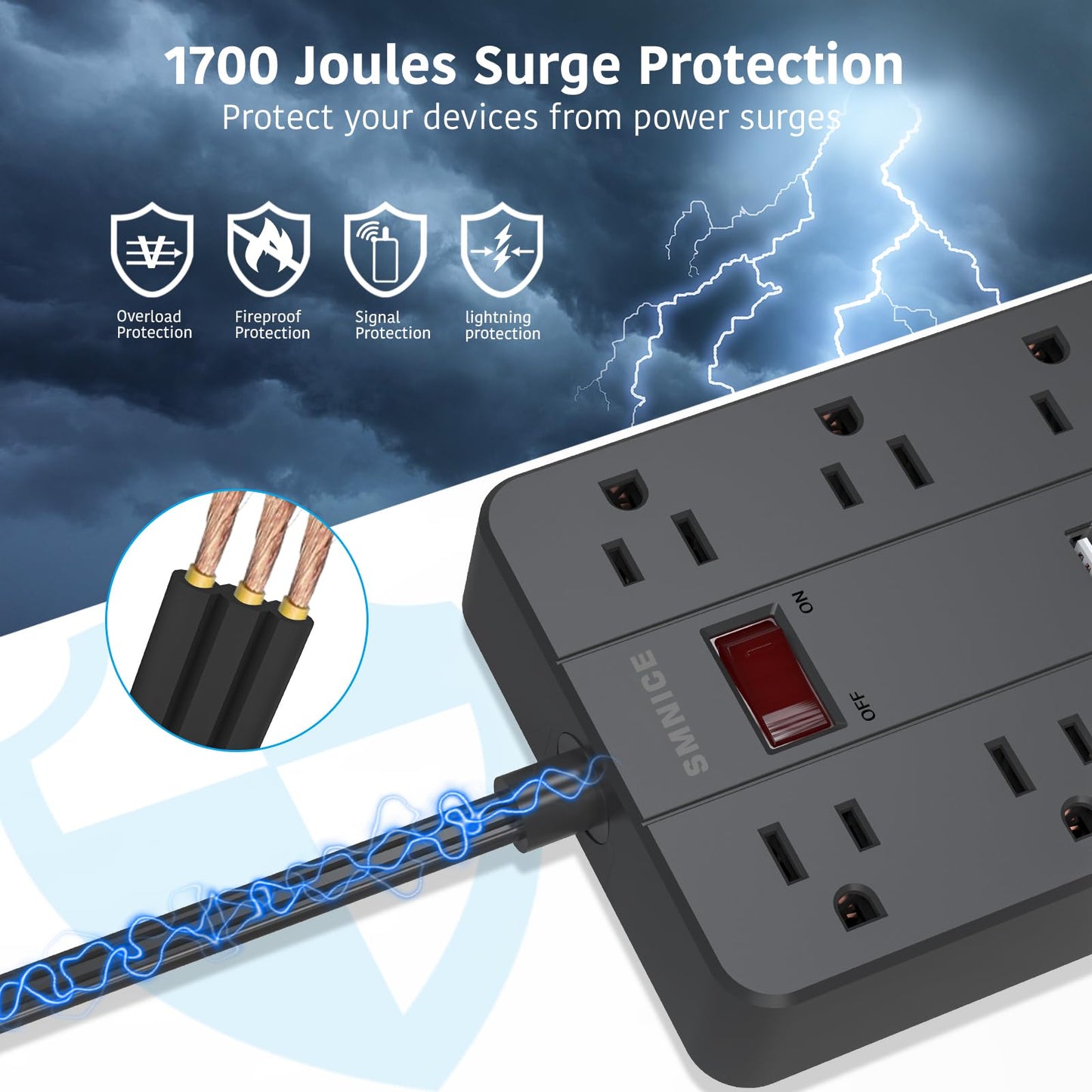 10 Ft Extension Cord Power Strip, SMNICE 8 Widely Spaced Outlets and 6 USB (1 USB C) Charging Ports Flat Plug Power Strip, Desktop Power Cord for Travel Home Office Accessories Black