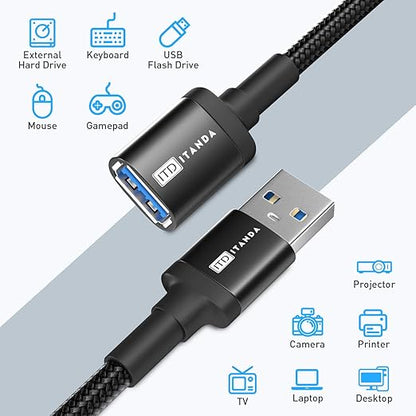 ITD ITANDA 6FT USB Extension Cable USB 3.0 Extension Cord Type A Male to Female 5Gbps Data Transfer for Keyboard, Mouse, Playstation, Xbox, Flash Drive, Printer, Camera and More, Black