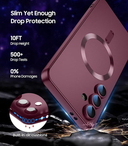 Magnetic for Samsung Galaxy S24 Plus Case [Compatible with MagSafe][Built-in Camera Lens Protector] Slim Soft Silicone Bumper Shockproof Metallic Luster Phone Case (Burgundy)
