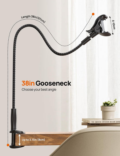 Aomiker Gooseneck Phone Holder for Bed - [Unique Nylon Braid] 38” Long Flexible Lazy Arm Clip, 360 Adjustable Overhead Phone Mount for iPhone 15 14 13 12 11 Pro Max Mini Plus, All 4-7" Cellphone