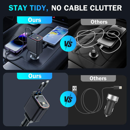 4 in 1 Retractable Car Chargers with Starlight, 66W USB C Fast Car Charger Adapter with 2 USB Ports for All iPhone 15/14/13/12/11 and for All Android (Black - RedLight)