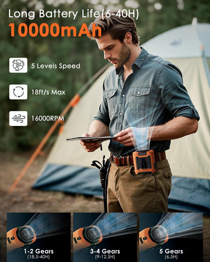 FANSEXPERT Portable Waist Fan Clip on, Personal Wearable Belt Fan 10000mAh Rechargeable Battery Under Shirt,5 Speeds with light, Neck Fan Hands-Free Cooling For Outdoor Camping Travel (Orange)