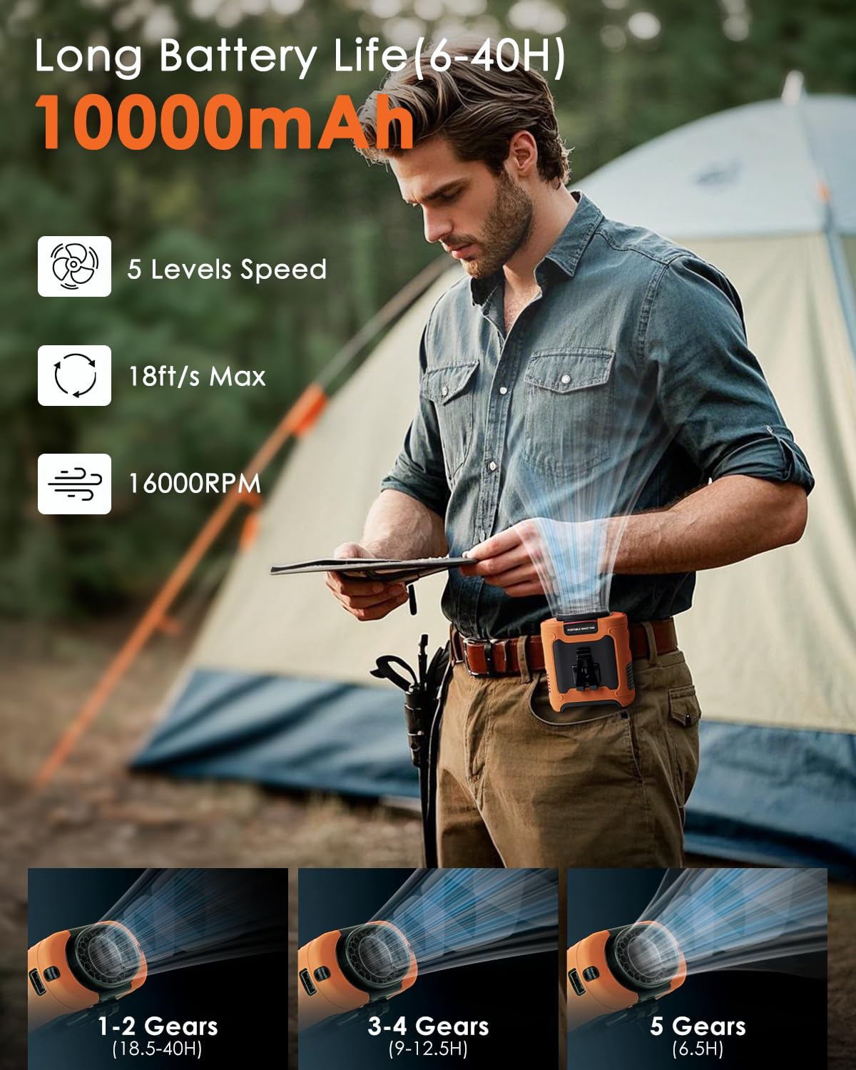 FANSEXPERT Portable Waist Fan Clip on, Personal Wearable Belt Fan 10000mAh Rechargeable Battery Under Shirt,5 Speeds with light, Neck Fan Hands-Free Cooling For Outdoor Camping Travel (Orange)