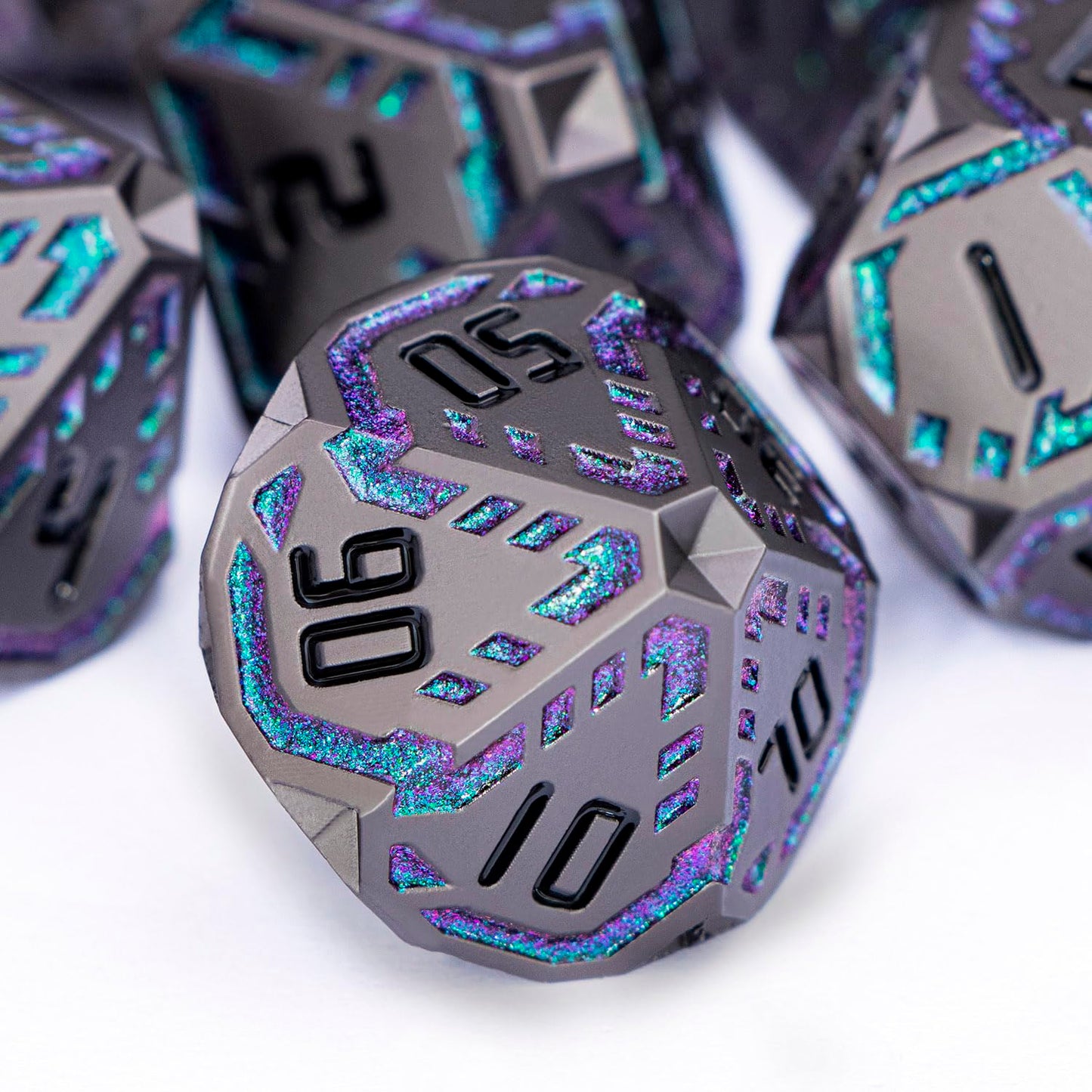 OGCOPHEN Metal DND Sci-fi Dice Set 7PCS Stripe Polyhedral Dice for Dungeons Dragons RPG Role Playing Game, Glitter D and D Dice with Gift Box D6 D8 D10 D12 D20 (Black&Green Purple)