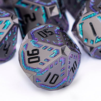 OGCOPHEN Metal DND Sci-fi Dice Set 7PCS Stripe Polyhedral Dice for Dungeons Dragons RPG Role Playing Game, Glitter D and D Dice with Gift Box D6 D8 D10 D12 D20 (Black&Green Purple)