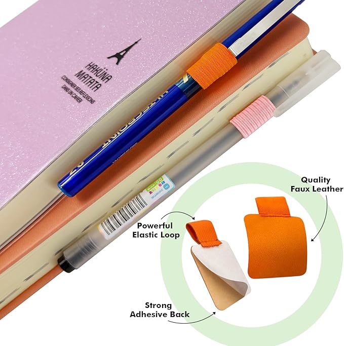 Pen Loop Holder for Notebook 12 Colors Self-Adhesive Stick On Pen Holder with Extra 2 Pens Clips 1 Leather Bookmarks As COMBO for Planner Journal Tablet Clipboards Calendars Bible Campus School Office