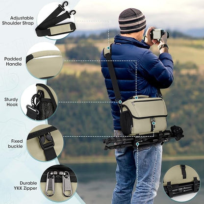 RAINSMORE Camera Bag, DSLR/SLR/Mirrorless Camera Case with Tripod Holder Waterproof Camera Sling Bag Crossbody Camera Bags for Photographers with Rain Cover for Canon/Nikon/Sony/Fuji, Khaki
