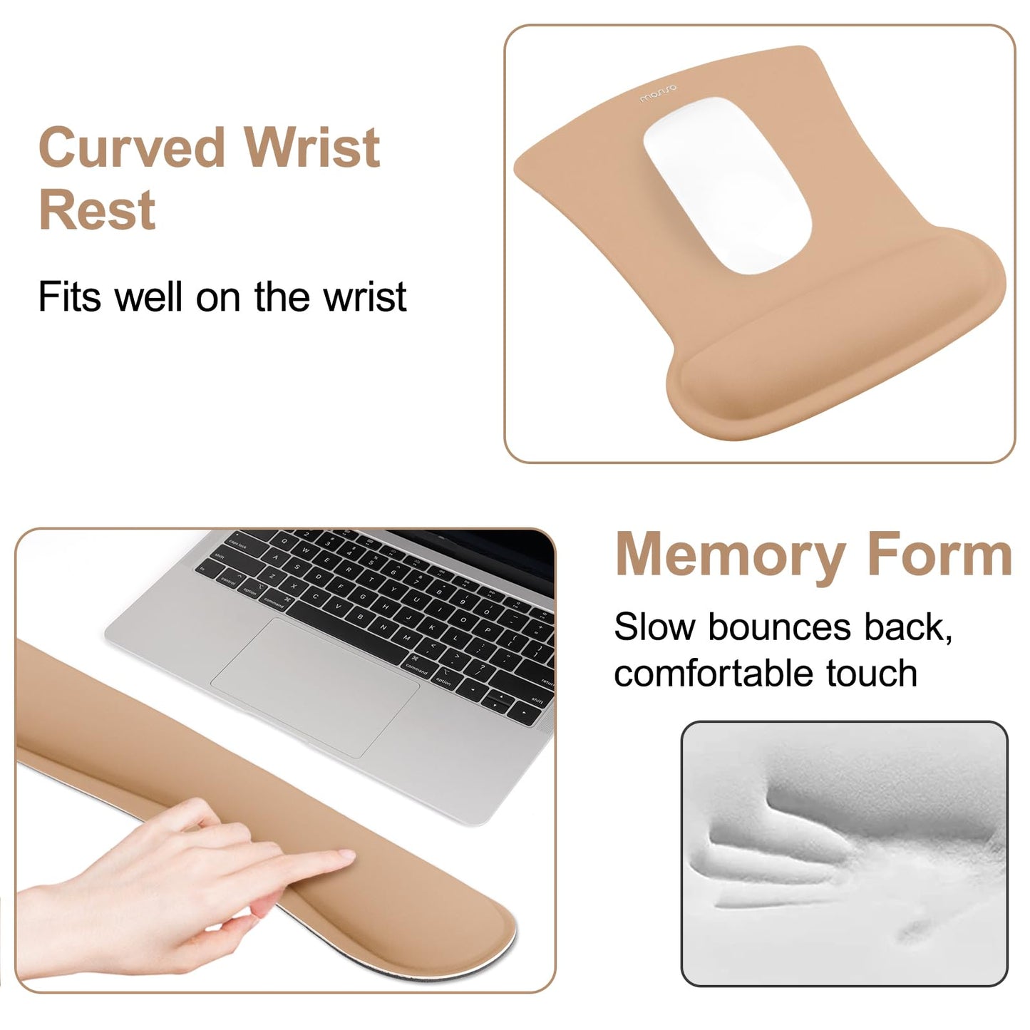 MOSISO Wrist Rest Support for Mouse Pad & Keyboard Set, Ergonomic Mousepad Non-Slip Base Home/Office Pain Relief & Easy Typing Cushion with Neoprene Cloth & Raised Memory Foam, Mocha