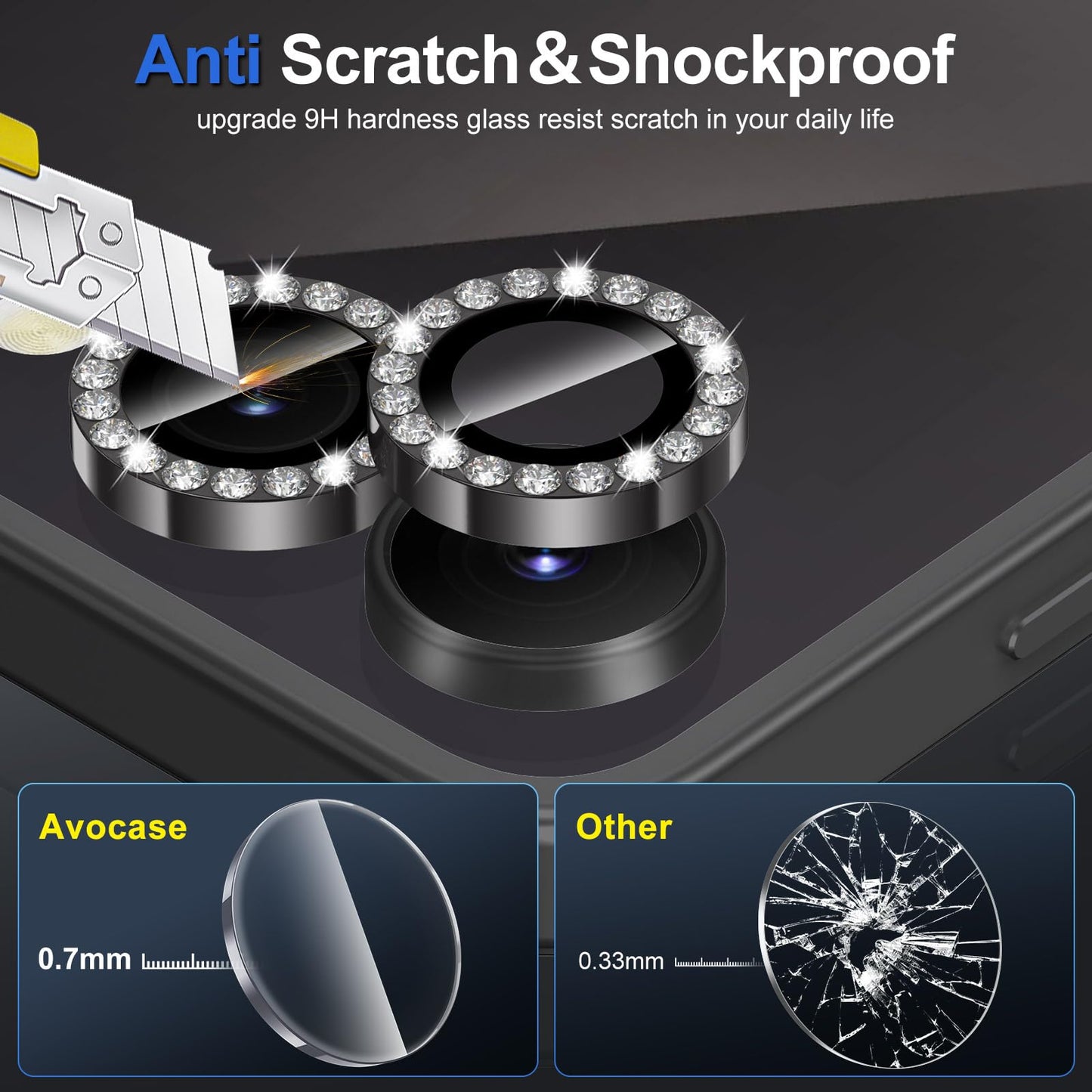 Avocase for Samsung Galaxy Z Flip 7 Camera Lens Protector, Individual Metal Ring Tempered Glass Lens Cover, [Strong Adsorption] Scratch Resistant Ultra-Thin HD Clear Lens Cover, 1 Set-Black Diamond