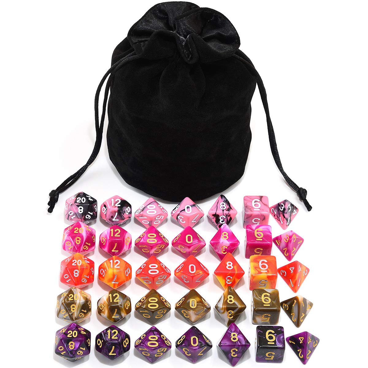 5 Sets New Black Polyhedral Dice with Satin-Lined Velvet Bag for Dungeons and Dragons DND RPG MTG D20 D12 D10 D8 D6 D4