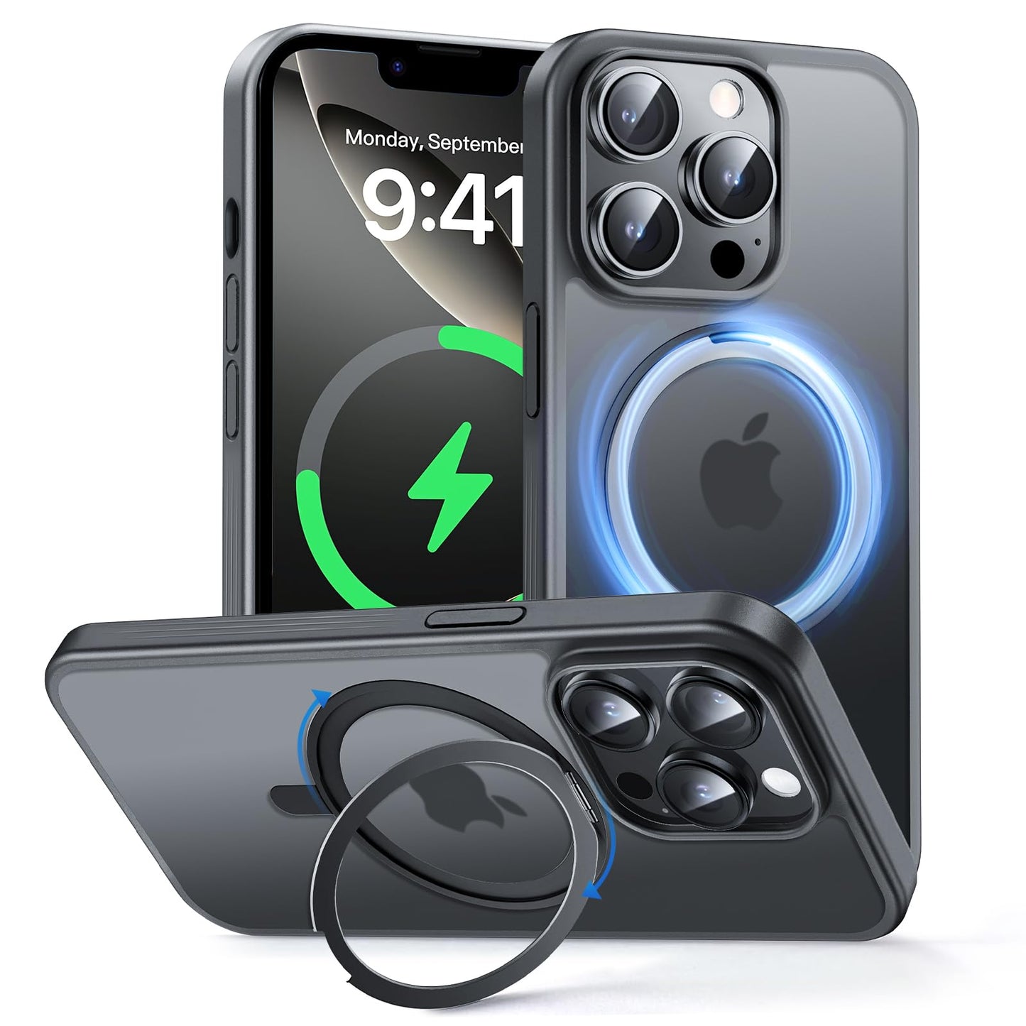 MAGIC JOHN 360° Rotatable Magnetic Invisible Stand for iPhone 14 Pro Case [Anti-Slip Grip] [Compatible with MagSafe] 16FT Shockproof for iPhone 14 Pro Case with Kickstand, Black