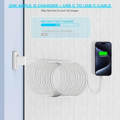 10FT Apple iPhone 16 15 Charger, 2-Pack Extra Long 10Foot USB C to Type C Charger Woven Cable Cord 20W USB C Charger Block Cube Super Quick Charging for iPhone 16 15 Pro/Plus/Pro Max,iPad Pro/Air/Mini
