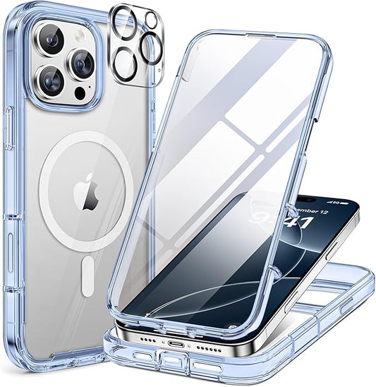 Miracase Magnetic for iPhone 16 Pro Case Full-Body Phone with Built-in Glass Screen Protector, [Compatible with MagSafe] Military Drop Proof 16 Pro Cover Bumper 6.3 inch, Clear Blue