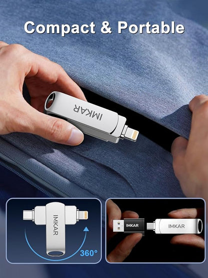 MFi Certified 512GB Flash Drive for iPhone iPad, IMKAR Memory Stick Storage for Photos Videos, Compatible with iPhone iPad Android and PC, Plug and Play No Application Required (Metal Silver)