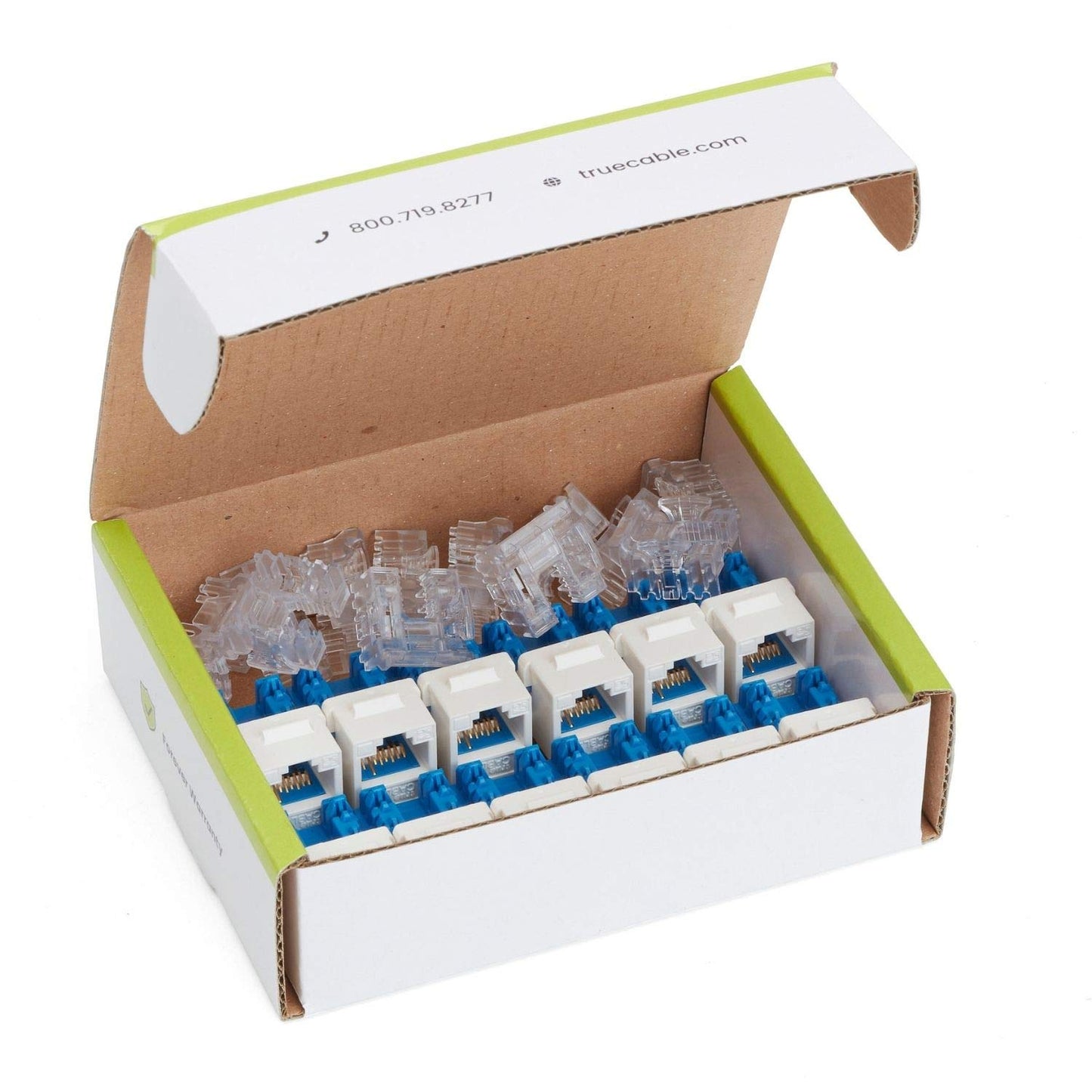 TRUE CABLE Cat6A Unshielded (UTP) Keystone Jack, 90-Degree Punch-Down RJ45 Female Module, PoE++ 4PPoE, UL Listed & TIA Certified, White, 12 Pack