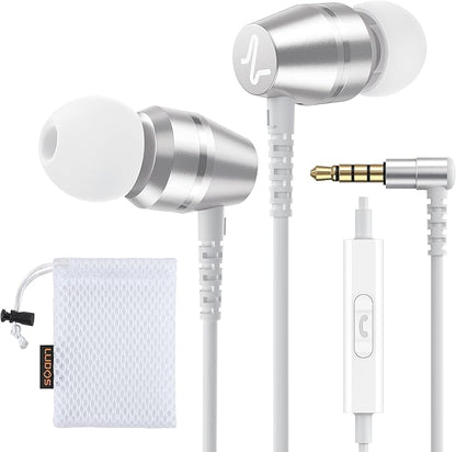LUDOS OMNITONE Wired Earbuds in-Ear Headphones, 5 Years Warranty, Earphones with Microphone, 3.5 mm Jack Corded Ear Buds, Videoconference for iPhone, Samsung, Laptop, Kids, School Students - White