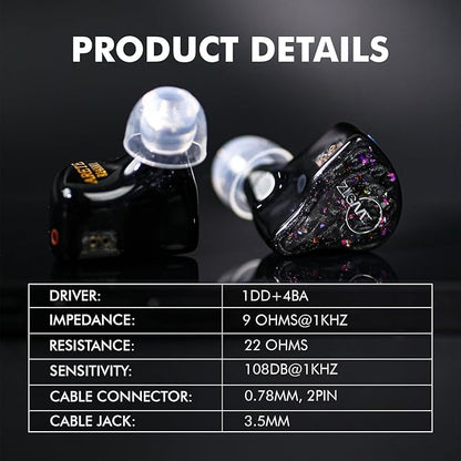 Linsoul ZiiGaat x Fresh Reviews Arete in Ear Monitor, 1DD+4BA Hybrid Earphone IEM, Wired Gaming Earbuds, Studio Monitor Tunning, with Detachable IEM Cable for Musician Audiophile(Black)