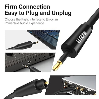 Elecan Mini Toslink to Toslink Digital Optical S/PDIF Audio Cable 6 Ft, Gold Plated Soft Flexible Fiber Optic Cable,Signal Protection PVC,Surround Sound for Soundbar,Home Theater,Hi-Fi System+Ties MI