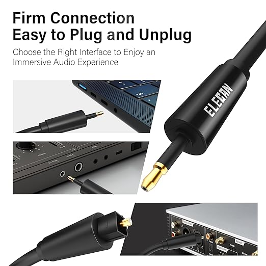 Elecan Mini Toslink to Toslink Digital Optical S/PDIF Audio Cable 25 Ft, Gold Plated Soft Flexible Fiber Optic Cable,Signal Protection PVC,Surround Sound for Soundbar,Home Theater,Hi-Fi System+Ties MI