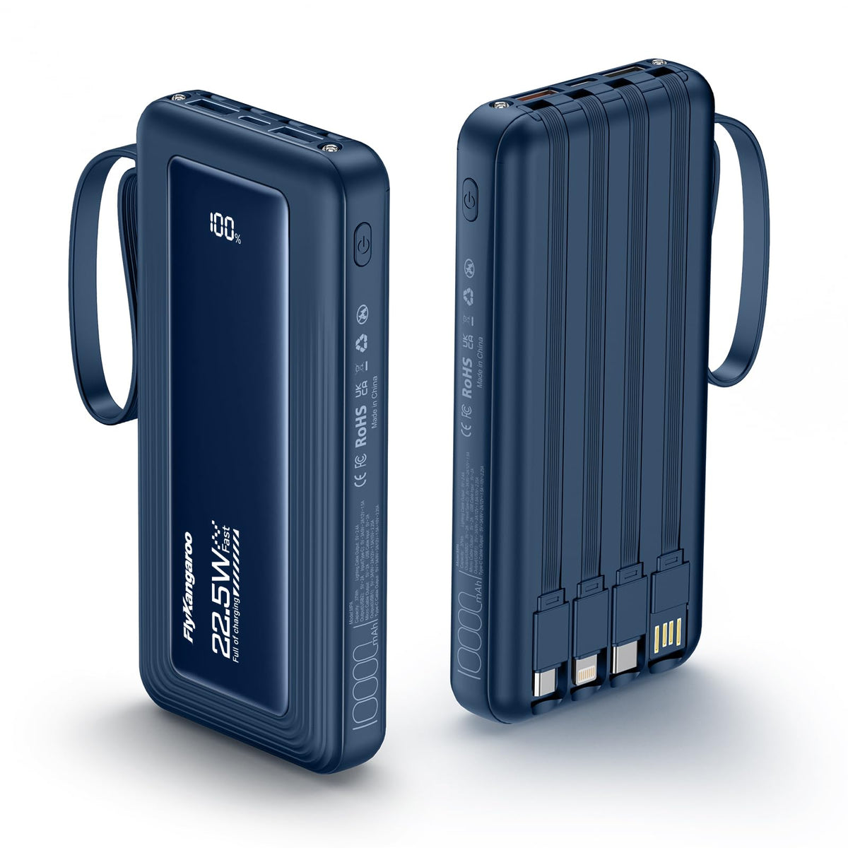 FlyKangaroo Portable Charger with Built in Cables, Slim 10000mAh Fast Charging 22.5W Power Bank USB C LED Display Battery Pack 6 Outputs & 2 Inputs for iPhone Samsung Pixel LG Moto iPad