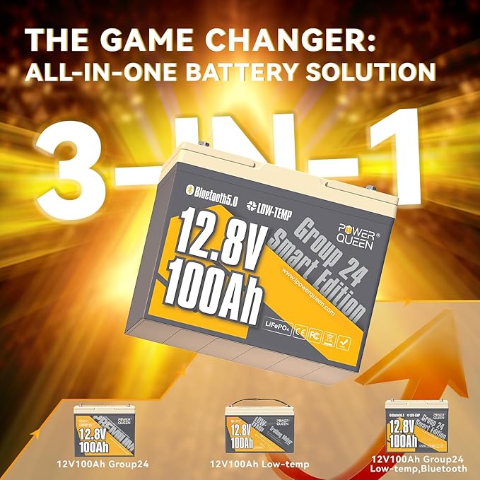 Power Queen Bluetooth 12V 100Ah LiFePO4 Battery with 14.6V20A LiFePO4 Battery Charger, Group 24 Deep Cycle Battery, 100A BMS with Low-Temp Cut-off Protection for RV, Trolling Motors, Solar System