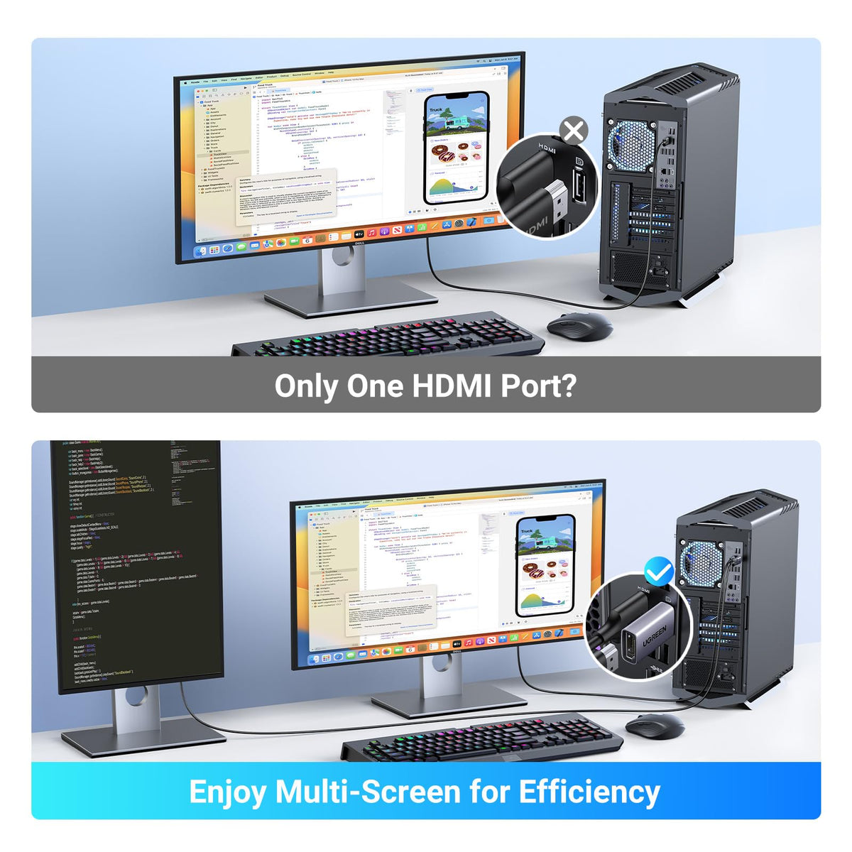 UGREEN 4K DisplayPort to HDMI Unidirectional Adapter, 2-Pack Passive