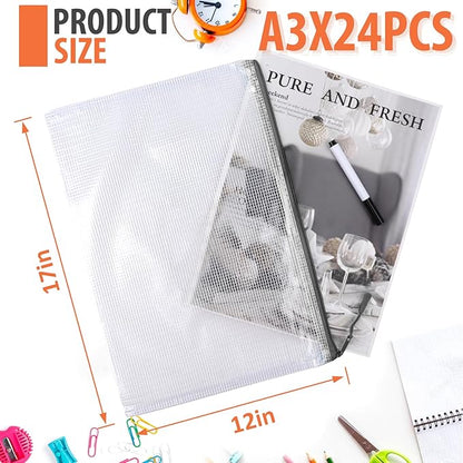 24pcs Mesh Zipper Pouch, Puzzle Storage Bags, A3 17x12 Inches Large Reusable Zipper Pouches for for Classroom Office Supplies Organizing, Extra Large Zipper Bags, Board Game Storage