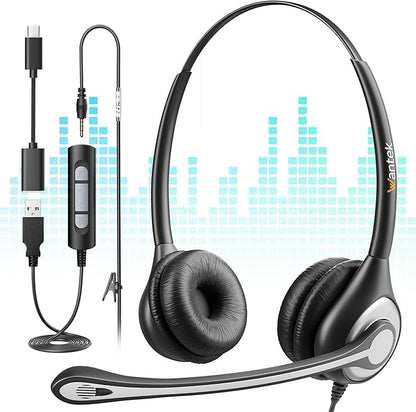 Wantek Computer Headset with Microphone for PC,Laptop,USB Headset with Noise Cancelling & Audio Controls,Computer Headphones for Call Center,Work,Ofiice,Binaural