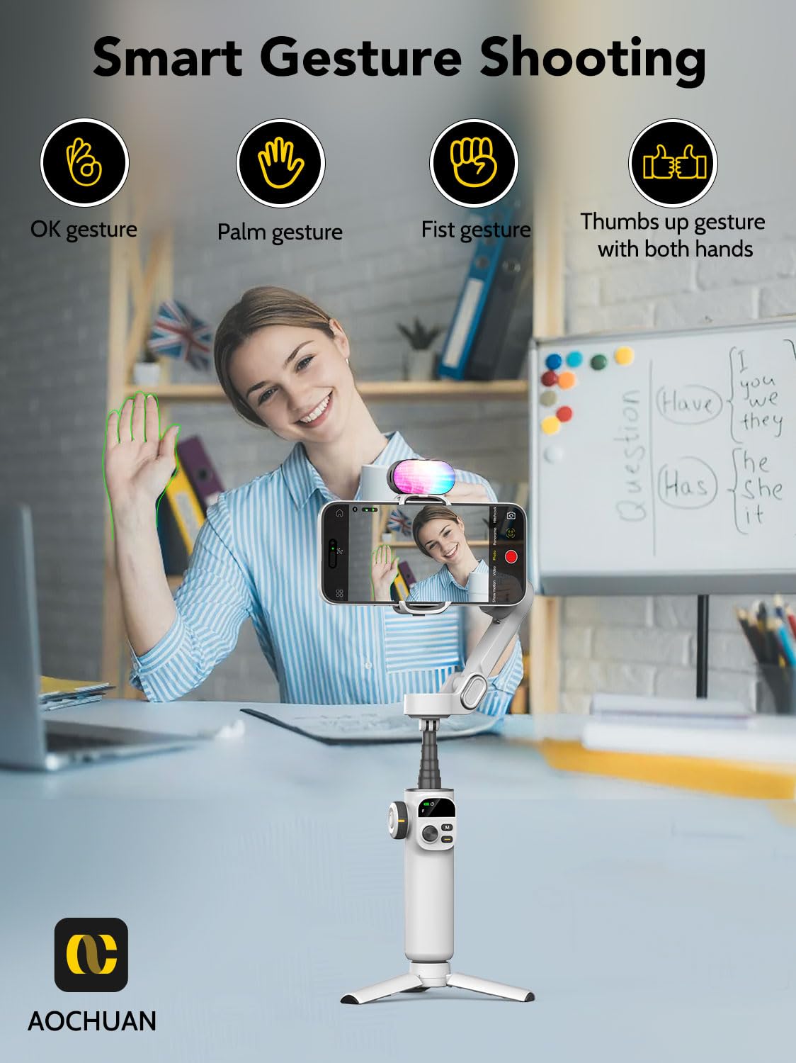 AOCHUAN Smart X2 3-Axis Gimbal Stabilizer for Smartphone with Adjustable RGB Fill Light, Built-in 20cm Extension Pole Selfie Stick, OLED Screen for Night Shots, Video Recording,X2 KIT White